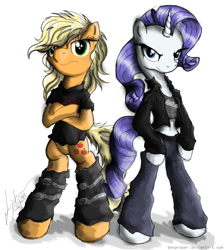 Size: 895x1000 | Tagged: safe, artist:flutterthrash, character:applejack, character:rarity, species:pony, alternate hairstyle, belly button, bipedal, clothing, exodus (band), jacket, jeans, judas priest, metal, shirt