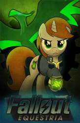 Size: 3375x5175 | Tagged: safe, artist:drawponies, oc, oc only, oc:littlepip, oc:pyrelight, species:balefire phoenix, species:phoenix, species:pony, species:unicorn, fallout equestria, clothing, fanfic, fanfic art, female, hooves, horn, mare, pipbuck, text, vault suit