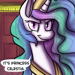 Size: 1280x1280 | Tagged: safe, artist:fauxsquared, character:princess celestia, ask, determined, don't call me sunbutt, female, glare, looking at you, reaction, smiling, smirk, solo, sunbutt, tumblr, tumblr:it's always sunny in canterlot