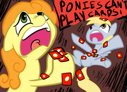 Size: 2338x1700 | Tagged: safe, artist:rustydooks, artist:tess, character:carrot top, character:derpy hooves, character:golden harvest, species:pegasus, species:pony, card, card games, dialogue, female, mare, ponies can't play cards