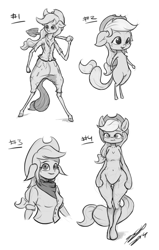 Size: 805x1262 | Tagged: safe, artist:assasinmonkey, character:applejack, species:anthro, species:unguligrade anthro, ambiguous facial structure, female, monochrome, solo, wide hips