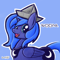 Size: 1024x1024 | Tagged: safe, artist:dsp2003, character:princess luna, cartographer's cap, clothing, cute, female, filly, happy, hat, looking at you, lunabetes, open mouth, paper hat, s1 luna, smiling, solo, woona