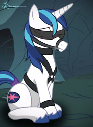 Size: 2197x2990 | Tagged: safe, artist:dripponi, character:shining armor, blindfold, bondage, bound, cave, cute, gag, harness, male, malesub, muzzle, muzzle gag, rubber, solo, submissive, tail wrap