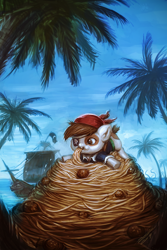 Size: 800x1200 | Tagged: safe, artist:assasinmonkey, character:pipsqueak, commission, male, meatballs, palm tree, pipsqueak eating spaghetti, pirate ship, solo, spaghetti, tree