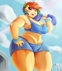 Size: 875x1000 | Tagged: safe, artist:sirmasterdufel, character:rainbow dash, species:human, armpits, belly button, breasts, busty rainbow dash, clothing, female, humanized, muscles, rainbowhips, rainbuff dash, solo, sports bra, sports shorts, stout, strong fat, wide hips, workout outfit