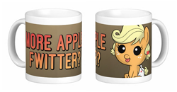 Size: 655x341 | Tagged: safe, artist:drawponies, character:applejack, :t, babyjack, blep, cup, cute, diaper, female, foal, jackabetes, mug, mug design, silly, simple background, sitting, smiling, solo, text, tongue out, white background