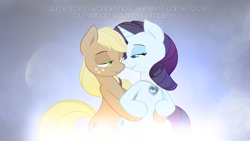 Size: 1920x1080 | Tagged: dead source, safe, artist:alexpony, artist:joey darkmeat, artist:taigalife, character:applejack, character:rarity, ship:rarijack, bedroom eyes, eye contact, female, grin, hug, imminent kissing, lesbian, lyrics, necklace, p!nk, pink, shipping, smiling, song reference, true love, vector, wallpaper