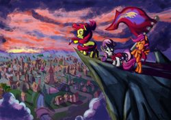 Size: 5100x3600 | Tagged: dead source, safe, artist:fauxsquared, character:apple bloom, character:scootaloo, character:sweetie belle, species:pegasus, species:pony, cape, carousel boutique, cliff, clothing, cmc cape, cutie mark crusaders, flag, ponyville, scenery, sunset