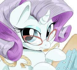 Size: 800x725 | Tagged: safe, artist:sirmasterdufel, character:rarity, species:pony, species:unicorn, fabric, female, glasses, looking at you, mare, measuring tape, simple background, solo, white background