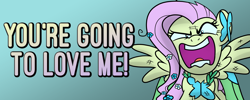 Size: 5254x2100 | Tagged: safe, artist:drawponies, character:fluttershy, banner, cute, female, flutterrage, insanity, looking at you, solo, talking to viewer, yelling, you're going to love me
