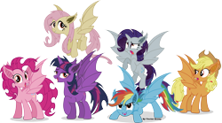 Size: 8173x4552 | Tagged: safe, artist:vector-brony, character:applejack, character:flutterbat, character:fluttershy, character:pinkie pie, character:rainbow dash, character:rarity, character:twilight sparkle, character:twilight sparkle (alicorn), species:alicorn, species:bat pony, species:pony, episode:bats!, g4, my little pony: friendship is magic, absurd resolution, alicornified, applebat, bat ponified, bat pony alicorn, female, hilarious in hindsight, mane six, mare, pinkiebat, race swap, rainbowbat, raribat, raricorn, twibat
