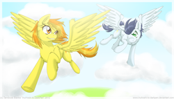 Size: 1024x587 | Tagged: safe, artist:inuhoshi-to-darkpen, character:soarin', character:spitfire, species:pegasus, species:pony, alternate hairstyle, duo, female, flying, looking back, male, mare, racing, stallion
