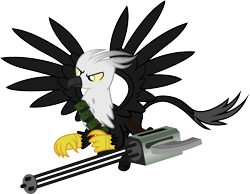 Size: 4067x3151 | Tagged: safe, artist:vector-brony, oc, oc only, species:griffon, fallout equestria, bandolier, flying, frown, glare, minigun, solo, spread wings, weapon, wings