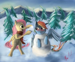 Size: 1200x1000 | Tagged: safe, artist:miokomata, character:fluttershy, character:rainbow dash, species:pony, :c, bipedal, clothing, fangs, frown, hoof hold, open mouth, scarf, smiling, snow, snowman, snowpony, spread wings, stuck, wings