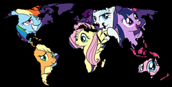 Size: 2479x1259 | Tagged: safe, artist:drawponies, character:applejack, character:fluttershy, character:pinkie pie, character:rainbow dash, character:rarity, character:twilight sparkle, character:twilight sparkle (alicorn), species:alicorn, species:pony, africa, asia, australia, earth, europe, female, mane six, map, mare, north america, ponies as regions, ponies take over, south america, world map