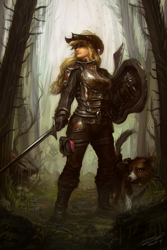 Size: 800x1200 | Tagged: safe, artist:assasinmonkey, character:applejack, character:winona, species:dog, species:human, armor, badass, clothing, cowboy hat, dark, female, forest, hat, humanized, shield, solo, stetson, sword, tree