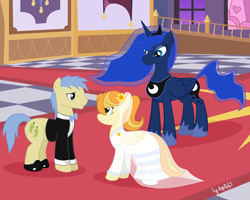 Size: 5120x4096 | Tagged: safe, artist:dsp2003, character:goldengrape, character:princess luna, oc, oc:sunny smile, absurd resolution, background pony, canterlot castle, clothing, cutie mark, dress, female, male, shipping, straight, tuxedo, wedding, wedding dress