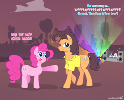 Size: 1860x1500 | Tagged: safe, artist:dsp2003, character:cheese sandwich, character:dj pon-3, character:pinkie pie, character:vinyl scratch, oc, oc:fluffle puff, ship:cheesepie, bee gees, comic, cutie mark, dance floor, female, fluffle puffing, male, shipping, straight