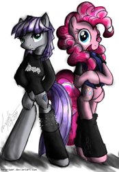 Size: 834x1200 | Tagged: safe, artist:flutterthrash, character:maud pie, character:pinkie pie, species:pony, alternate hairstyle, bipedal, clothing, leg warmers, looking at you, metal, open mouth, smiling, venom (band)