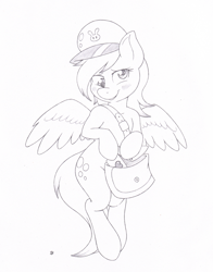 Size: 925x1180 | Tagged: safe, artist:joey darkmeat, character:derpy hooves, species:pony, bipedal, blushing, clothing, female, hat, heart, letter, mailbag, mailpony, monochrome, semi-anthro, solo, the legend of zelda, traditional art