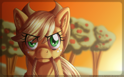 Size: 900x563 | Tagged: safe, artist:inuhoshi-to-darkpen, character:applejack, female, looking at you, mouth hold, rope, solo, sunset