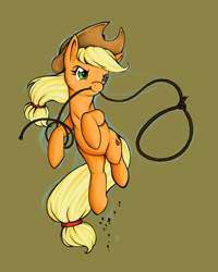 Size: 600x750 | Tagged: safe, artist:longinius, character:applejack, species:earth pony, species:pony, brown background, female, jumping, lasso, mare, mouth hold, simple background, solo
