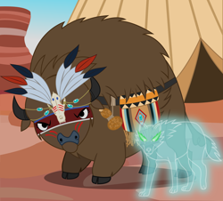 Size: 3418x3092 | Tagged: safe, artist:cheezedoodle96, oc, oc only, oc:kohana, oc:laughing water, species:buffalo, species:wolf, bag, buffalo oc, canteen, dungeons and dragons, fantasy class, ghost, gourd, headdress, roleplaying, shaman, skull, spirit, spirit animal, vector, war paint