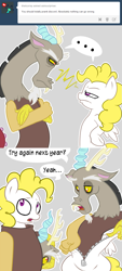 Size: 635x1403 | Tagged: safe, artist:strangerdanger, character:discord, character:surprise, ..., april fools, ask, ask surprise, clothing, comic, costume, dialogue, pony costume, tumblr