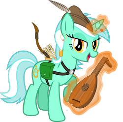 Size: 2042x2026 | Tagged: safe, artist:cheezedoodle96, character:lyra heartstrings, species:pony, alternate hairstyle, arrow, arrows, bard, bow (weapon), earring, fantasy class, female, harness, looking at you, lute, magic, mare, quiver, simple background, singing, solo, transparent background, vector, wip