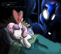 Size: 1022x900 | Tagged: safe, artist:flutterthrash, character:princess luna, character:sweetie belle, episode:for whom the sweetie belle toils, enter sandman, glowing eyes, metal, metallica, song reference