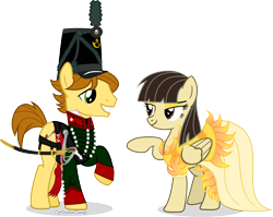 Size: 3799x3019 | Tagged: safe, artist:vector-brony, character:wild fire, oc, oc:mandopony, species:earth pony, species:pegasus, species:pony, army, british, british army, clothing, dress, female, hat, male, mandofire, saber, shako, sharpshooter, shipping, simple background, straight, transparent background, uniform, vector, weapon