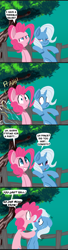 Size: 1928x7047 | Tagged: safe, artist:fauxsquared, character:pinkie pie, character:trixie, species:earth pony, species:pony, species:unicorn, :o, bipedal, bloodshot eyes, blue background, comic, confetti, confused, dialogue, eye contact, fart, farting confetti, female, fence, floppy ears, frown, glare, grin, leaning, lidded eyes, looking at each other, looking at you, looking sideways, mare, open mouth, raised eyebrow, shocked, simple background, smiling, smirk, speech bubble, squee, surprised, sweat, sweatdrop, tree, wat, wide eyes, worried