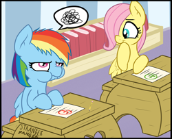 Size: 1280x1038 | Tagged: safe, artist:strangerdanger, character:fluttershy, character:rainbow dash, species:pegasus, species:pony, g4, a+, book, classroom, cute, dashabetes, desk, duo, f, female, filly, filly fluttershy, filly rainbow dash, grumpy, hair over one eye, puffy cheeks, school, shyabetes, test, young