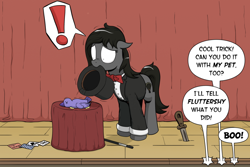 Size: 1024x682 | Tagged: safe, artist:pony-berserker, oc, oc only, oc:dark light, species:bird, species:earth pony, species:pony, bow tie, card, clothing, dead, death, dialogue, exclamation point, fail, floppy ears, frown, hat, knife, magic trick, magic wand, magician, mouth hold, nose wrinkle, solo, stage, stage show, table, this will end in jail time, top hat, wand, wide eyes, x eyes
