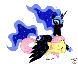 Size: 811x670 | Tagged: safe, artist:freefraq, artist:tarreth, character:fluttershy, character:nightmare moon, character:princess luna, species:alicorn, species:pegasus, species:pony, ship:fluttermoon, g4, blushing, crack shipping, female, lesbian, mare, prone, rarepair, shipping, simple background, sleeping, transparent background, wing blanket