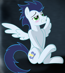 Size: 2461x2756 | Tagged: safe, artist:dripponi, character:soarin', species:pegasus, species:pony, blushing, cute, horny, lust, male, sitting, solo, wingboner, wonderbolts