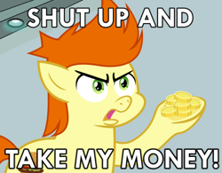 Size: 500x389 | Tagged: safe, artist:cheezedoodle96, species:pony, background pony, caption, colt, futurama, gallop j. fry, male, meme, philip j. fry, reaction image, shut up and take my money, solo, vector