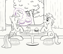 Size: 1700x1455 | Tagged: safe, artist:pony-berserker, character:twilight sparkle, character:twilight sparkle (alicorn), oc, oc:harmony star, species:alicorn, species:pony, burger joint, female, hay burger, lineart, mare, that pony sure does love burgers, twilight burgkle, twimony, wip