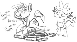 Size: 1231x667 | Tagged: safe, artist:php27, character:spike, character:twilight sparkle, species:dragon, species:pony, species:unicorn, book, female, grayscale, male, mare, monochrome, pile, simple background, sketch, that pony sure does love books