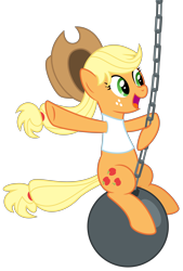 Size: 4000x5915 | Tagged: safe, artist:masem, character:applejack, .svg available, absurd resolution, clothing, cowboy hat, female, happy, hat, miley cyrus, open mouth, shirt, simple background, smiling, solo, stetson, swinging, transparent background, vector, wrecking ball