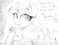 Size: 800x625 | Tagged: safe, artist:sirmasterdufel, character:twilight sparkle, character:twilight sparkle (alicorn), species:alicorn, species:pony, /mlp/, asmr, book, candle, female, mare, microphone, monochrome, reading, solo