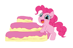 Size: 966x643 | Tagged: safe, artist:jessy, character:pinkie pie, blank flank, blushing, cake, crumbs, cute, diapinkes, female, filly, solo, young, younger