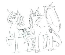 Size: 1138x970 | Tagged: safe, artist:longinius, character:princess cadance, character:shining armor, species:alicorn, species:pony, grayscale, monochrome