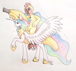 Size: 2199x2047 | Tagged: safe, artist:sugaryviolet, character:princess celestia, non-mlp oc, oc, banana, banana suit, bananalestia, chicken suit, clothing, frown, glare, pointing, raised hoof, riding, spread wings, wings