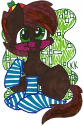 Size: 1080x1646 | Tagged: safe, artist:krazykari, character:button mash, species:earth pony, species:pony, blank flank, blushing, clothing, colt, foal, hat, hooves, looking at you, male, open mouth, propeller hat, socks, solo, striped socks, traditional art