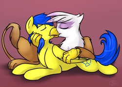 Size: 1240x882 | Tagged: safe, artist:meggchan, character:gilda, oc, oc:orion, species:griffon, species:pegasus, species:pony, canon x oc, gildarion, interspecies, kissing, male, prone, shipping, stallion, straight