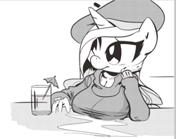 Size: 1213x960 | Tagged: safe, artist:tess, character:rarity, species:anthro, beatnik rarity, big breasts, black and white, breast rest, breasts, busty rarity, clothing, female, glass, grayscale, hat, leaning, monochrome, smiling, solo, sweater, umbrella drink