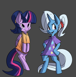 Size: 1096x1100 | Tagged: safe, artist:fauxsquared, character:trixie, character:twilight sparkle, character:twilight sparkle (alicorn), species:alicorn, species:pony, alternate hairstyle, clothing, female, mare, ponytail, simple background, trixie is magic