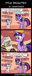 Size: 850x2000 | Tagged: safe, artist:drawponies, character:button mash, character:spike, character:sweetie belle, character:twilight sparkle, character:twilight sparkle (alicorn), species:alicorn, species:pony, buttongate, cease and desist, comedy, comic, drama, female, mare, meta, sad