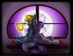 Size: 900x691 | Tagged: safe, artist:inuhoshi-to-darkpen, character:bon bon, character:lyra heartstrings, character:sweetie drops, ship:lyrabon, female, fluffy, lesbian, mare in the moon, moon, night, shipping, window